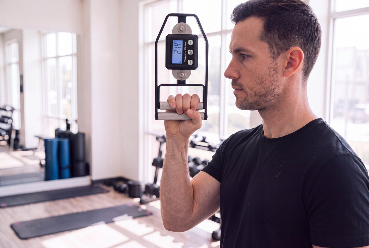 Man in a gym holding the aerobis Powrlink Grip Strength Frame with his forearm vertical. AI-generated image