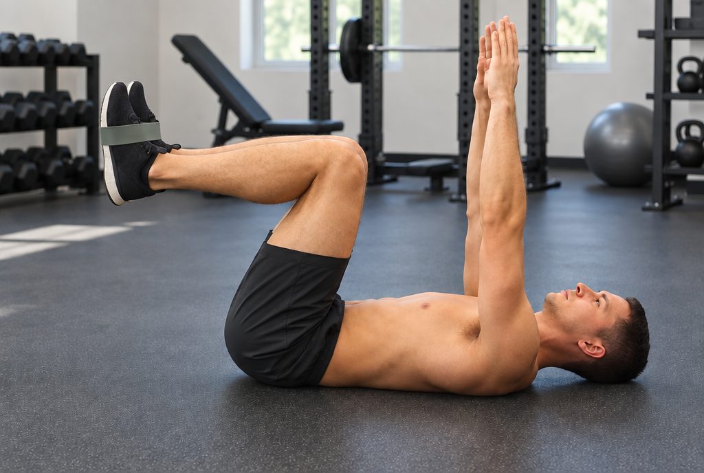 Athlete on back with a grey miniband looped around both mid-feet, knees bent near 90 degrees, arms toward the ceiling ready for a miniband dead bug (AI)