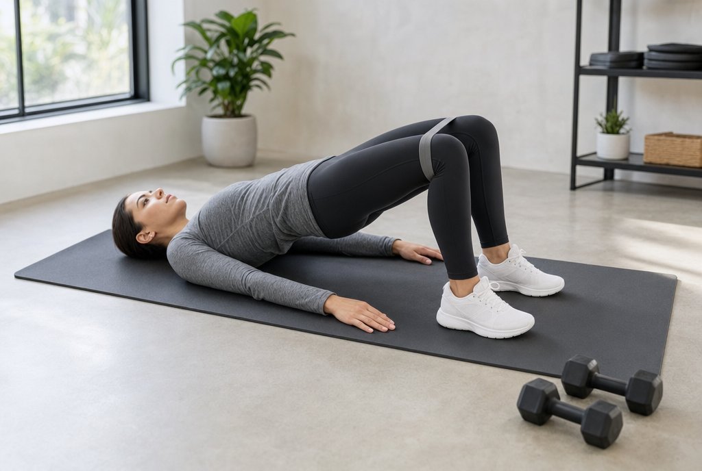 Athlete at the top of a miniband glute bridge with a grey loop just above the knees (AI)