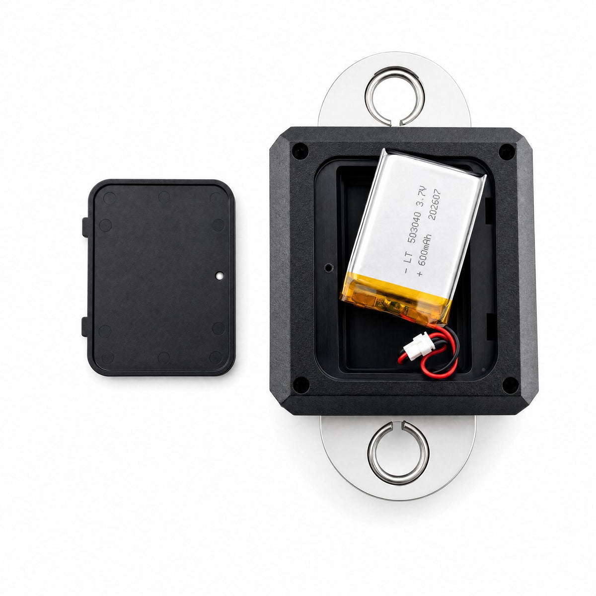 aerobis Powrlink 3 with exchangeable 600 mAh lithium-ion pouch battery partly removed from its compartment on white studio background
