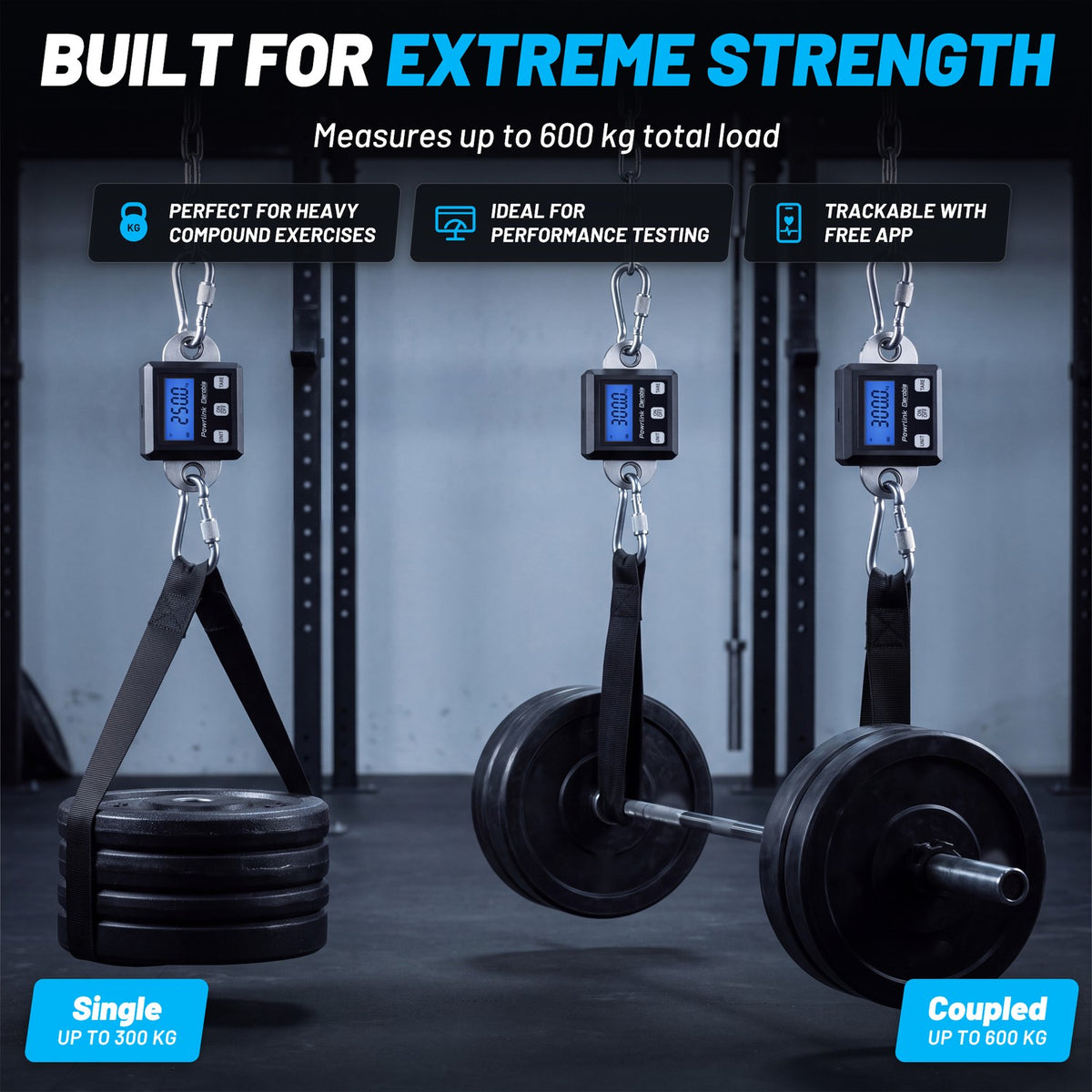aerobis Powrlink 3 product card Built for Extreme Strength demonstrating single-device up to 300 kg and coupled dual-device up to 600 kg load measurement for heavy compound exercises and performance testing