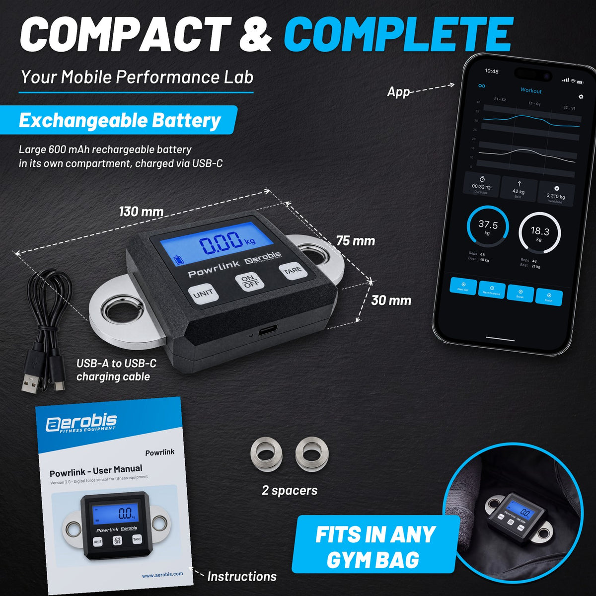 aerobis Powrlink 3 compact 130 x 75 x 30 mm performance sensor with exchangeable 600 mAh USB-C battery, USB cable, metal spacers, Version 3.0 user manual, and free companion app that fits in any gym bag