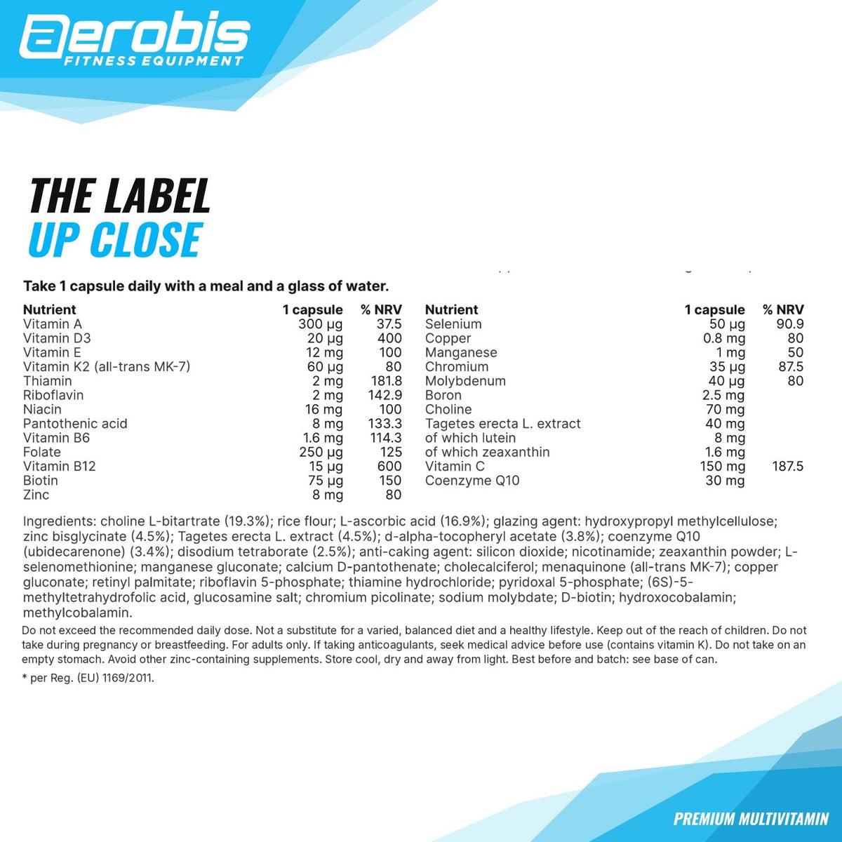 aerobis Multivitamin label up close: nutrient table per capsule with % NRV, ingredients and warnings