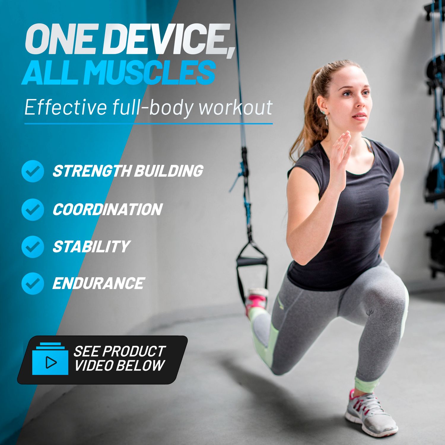 aeroSling ELITE One Device All Muscles Banner mit einer Athletin bei einem hängenden Ausfallschritt, hebt Kraftaufbau, Koordination, Stabilität und Ausdauer für ein effektives Ganzkörpertraining hervor