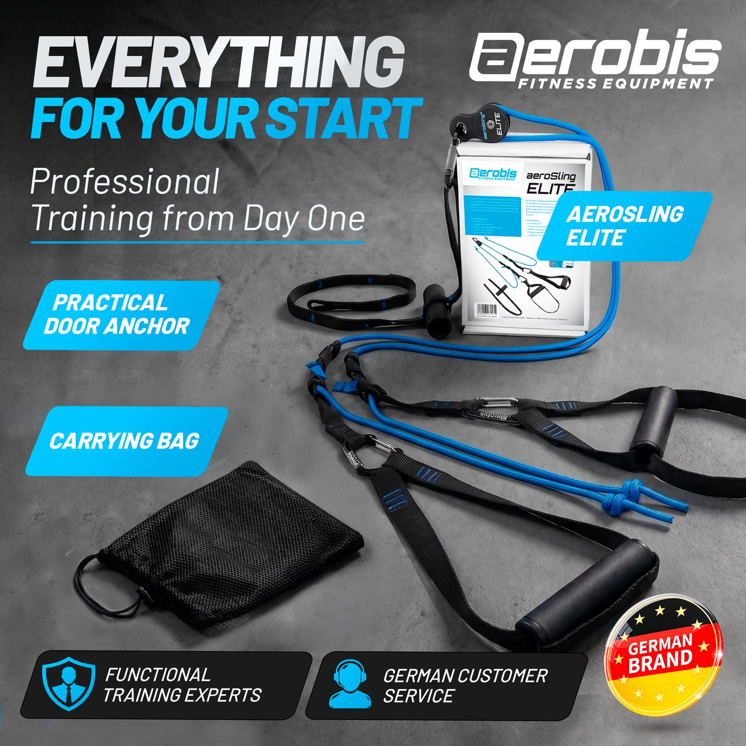 aeroSling ELITE Everything for Your Start Banner zeigt das Komplettset mit Türanker und Mesh-Tragebeutel, gekennzeichnet als deutsche Marke mit Expertise im funktionellen Training