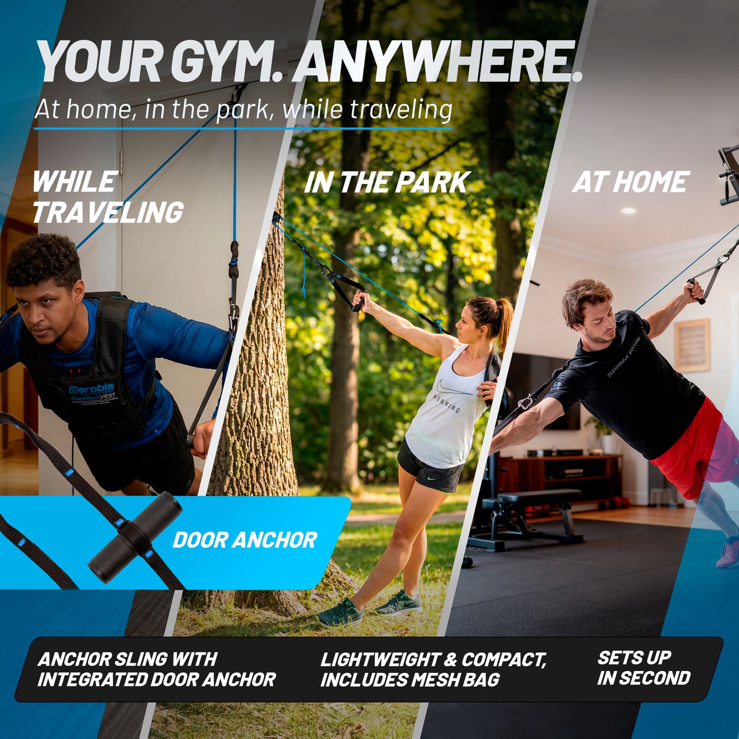 aeroSling ELITE Your Gym Anywhere Banner zeigt Training auf Reisen, im Park und zu Hause, hebt den integrierten Türanker, das leichte, kompakte Design mit Mesh-Beutel und den schnellen Aufbau hervor