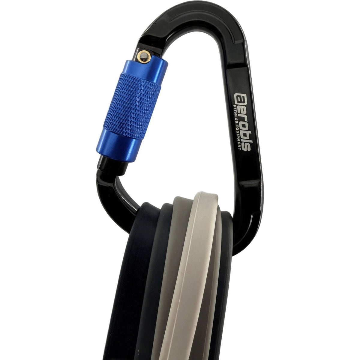 aerobis Carabiner XL holding powerbands on white (AI)
