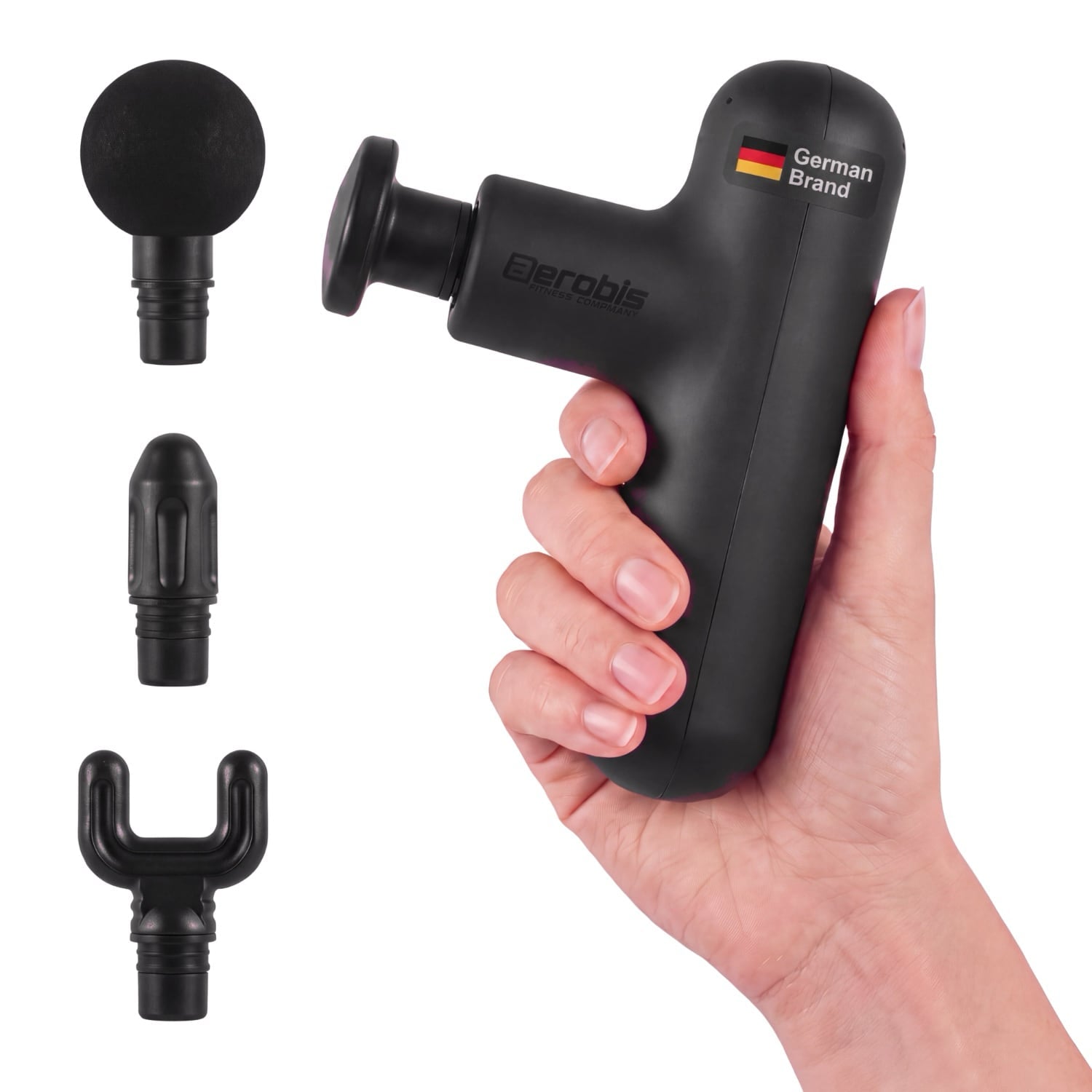 aerobis Mini Massage Gun matte black light and compact fascia massager with and 4 interchangeable massage heads: ball, cone, U-head and flat