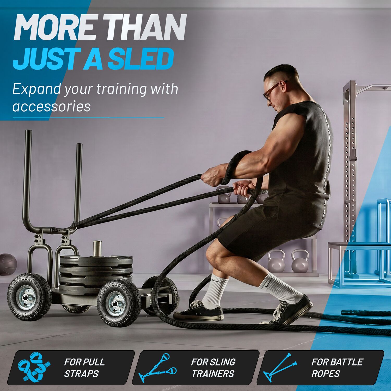 aerobis Pain Train More Than Just a Sled banner with a male athlete rope-pulling the loaded sled, highlighting accessory options for pull straps, Slingtrainers and battle ropes