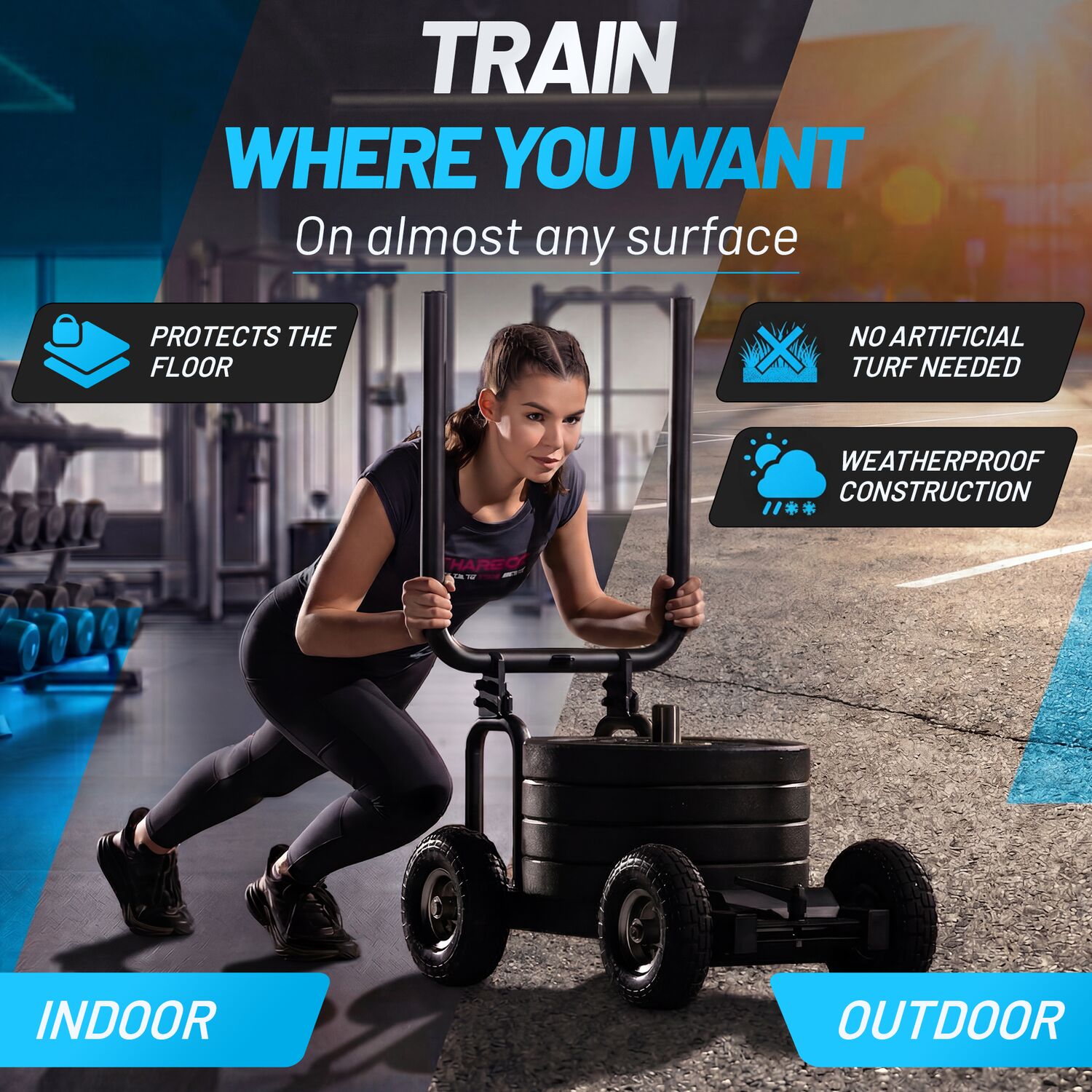 aerobis Pain Train Train Where You Want banner with a female athlete pushing the loaded sled, highlighting floor protection, no artificial turf needed and weatherproof construction for indoor and outdoor use