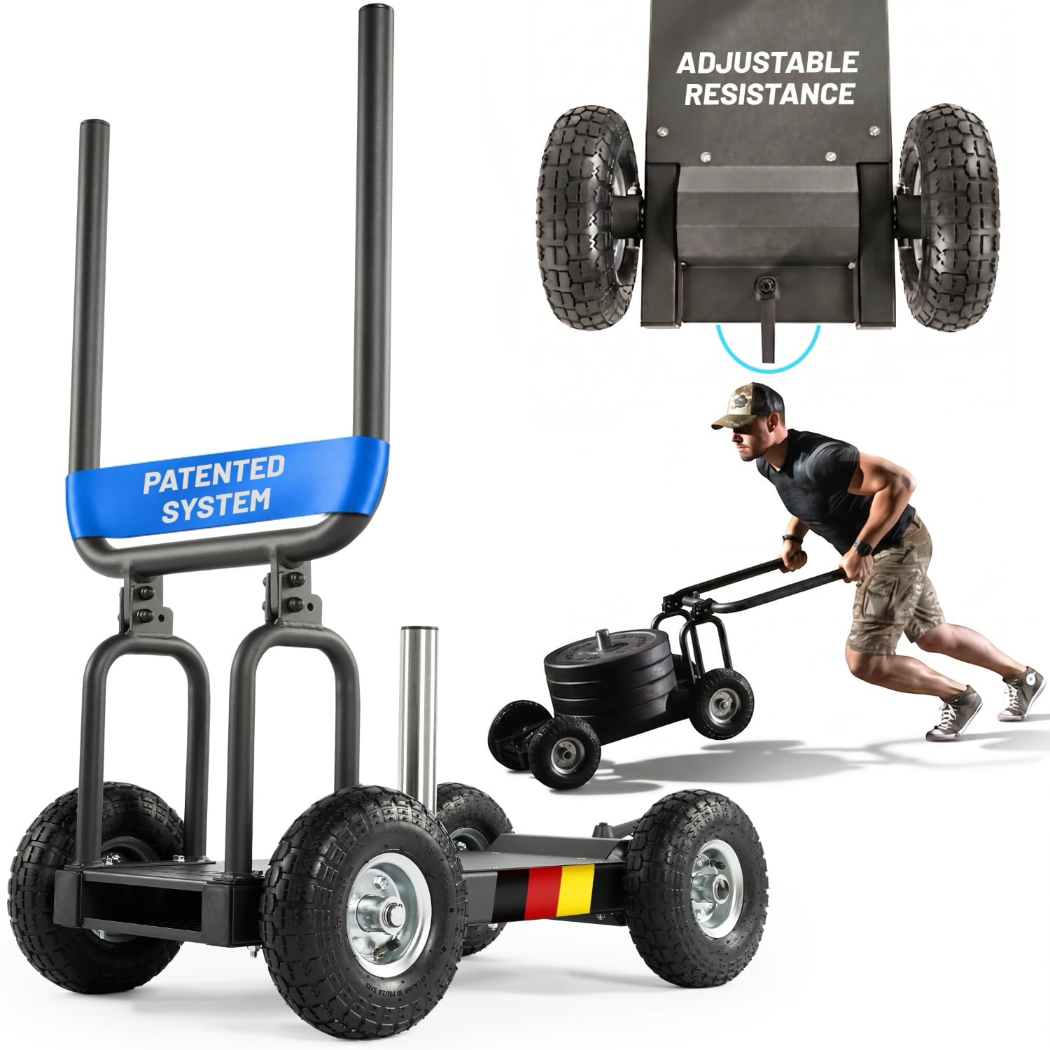 aerobis Pain Train patented resistance sled with blue patented-system handle pad and all-terrain wheels, with insets showing the adjustable-resistance wheel mechanism and a male athlete pushing the weighted sled
