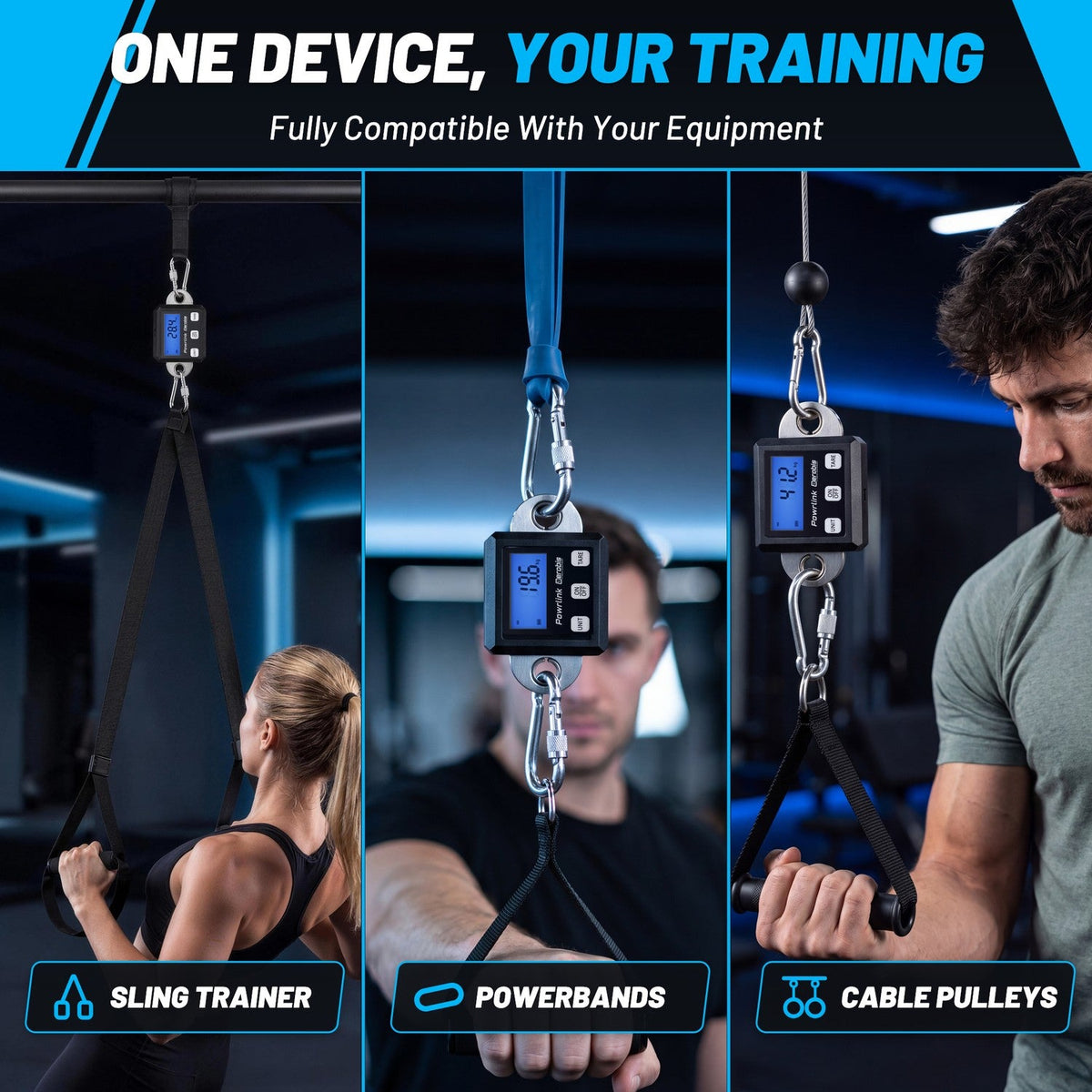 aerobis Powrlink 3 versatile training sensor shown with sling trainers, powerbands, and cable pulleys for full workout equipment compatibility (AI)