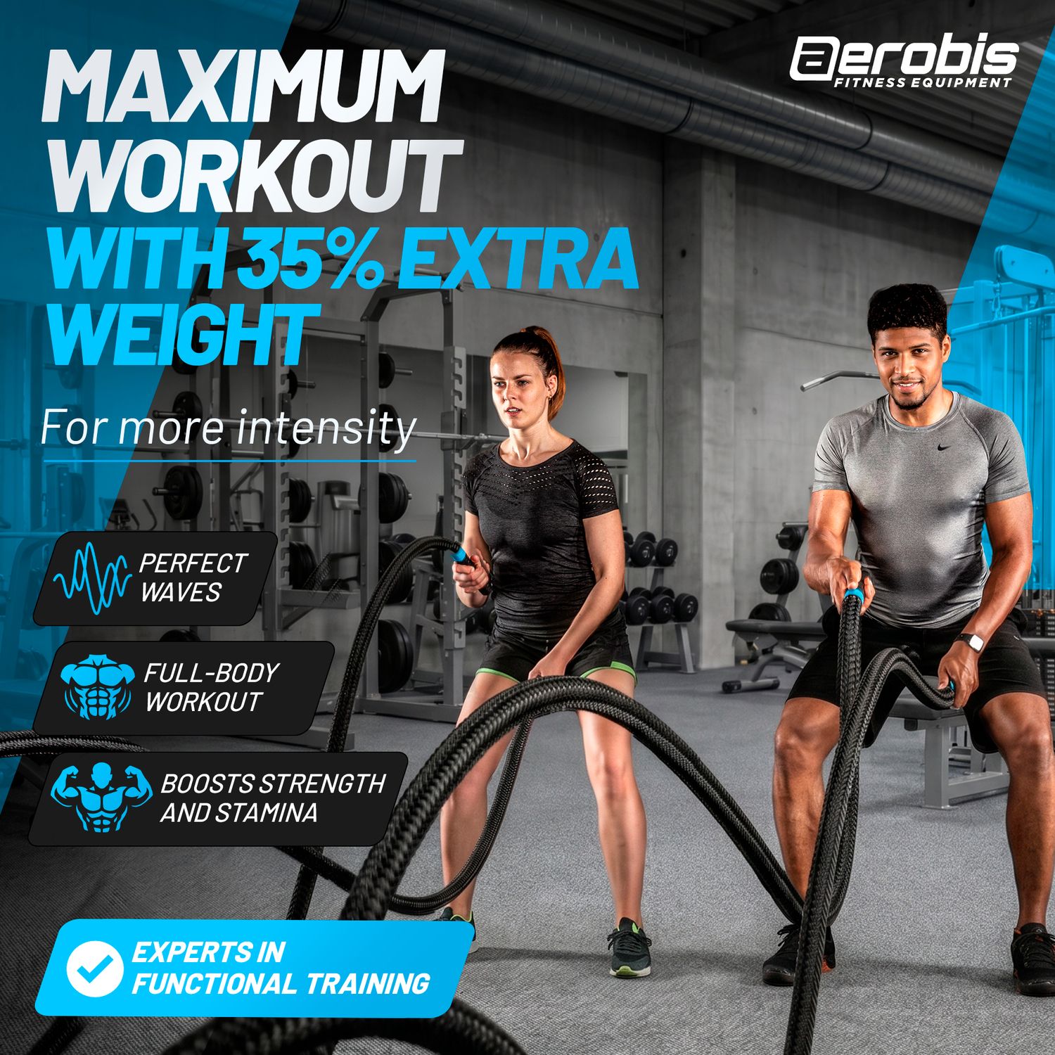 ジムでロープウェーブを行う男女のアスリートの aerobis Battle Rope Maximum Workout with 35% Extra Weight バナー。完璧なウェーブ、全身ワークアウト、向上した筋力とスタミナを強調