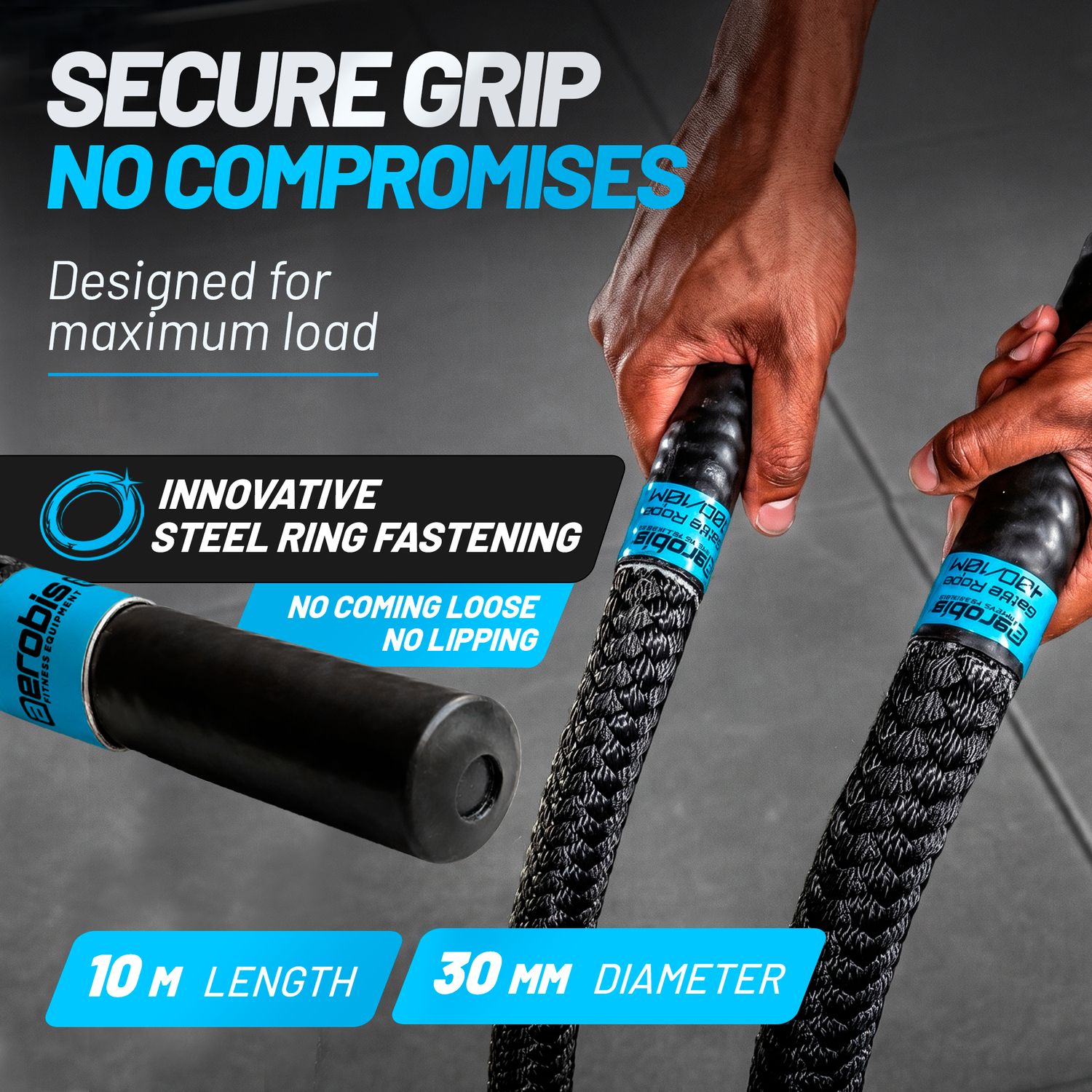 aerobis Battle Rope Secure Grip banner with hands gripping the rope ends, highlighting the innovative steel ring fastening that prevents slipping, 10 m length and 30 mm diameter