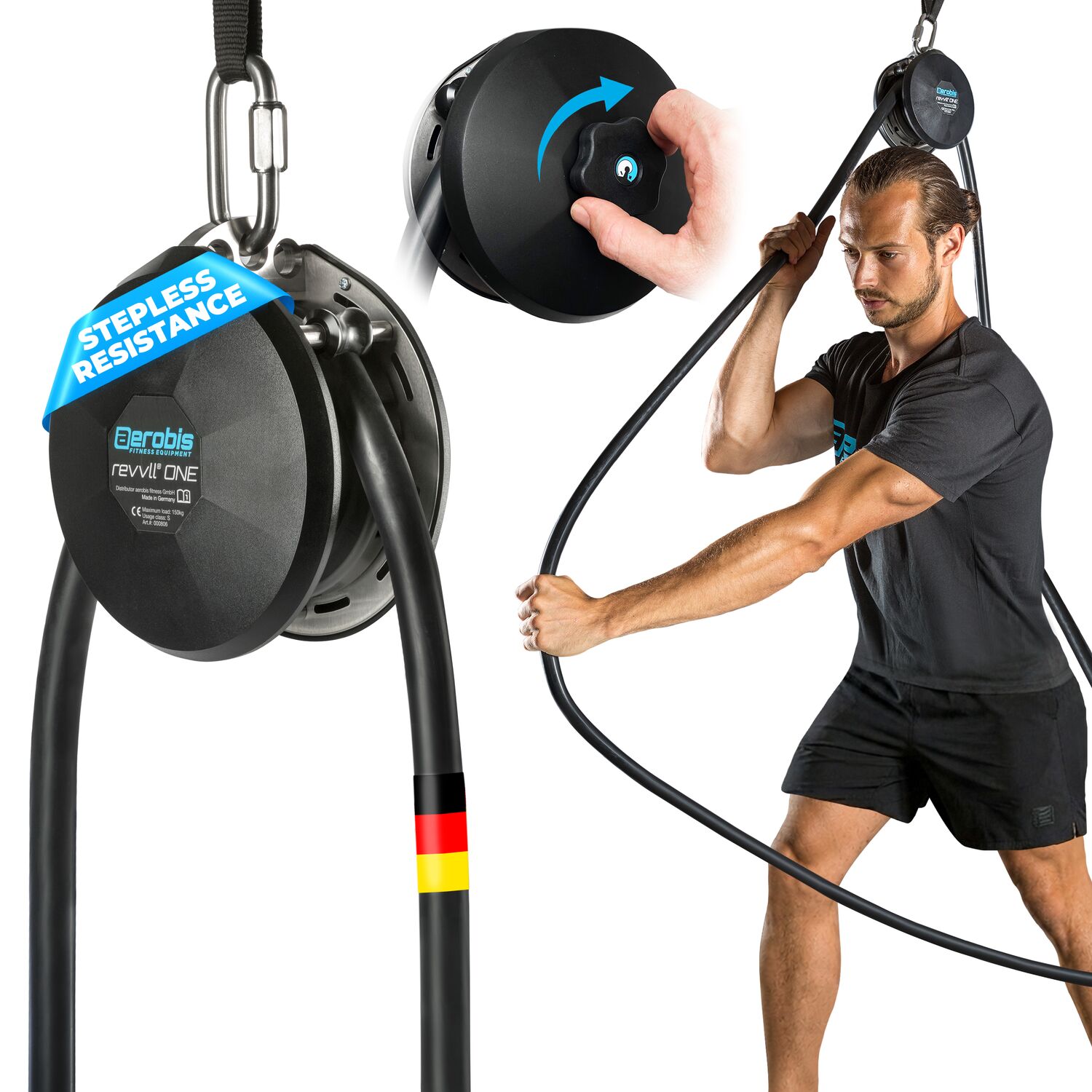 aerobis revvll ONE rope trainer with stepless resistance knob and German-made quality, athlete pulling rope