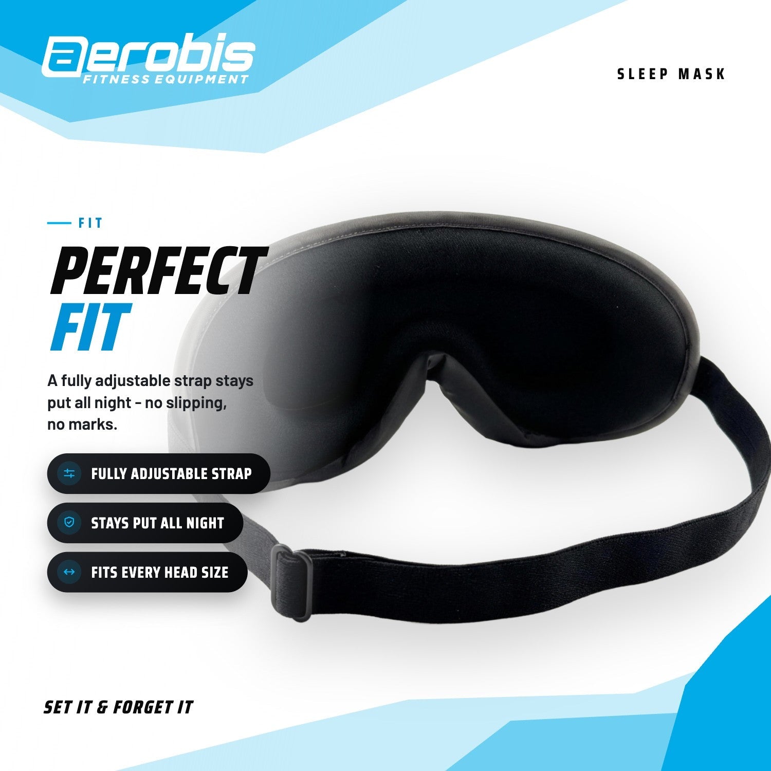 Perfect fit - stepless adjustable black head strap of the aerobis Sleep Mask fits every head size (AI)