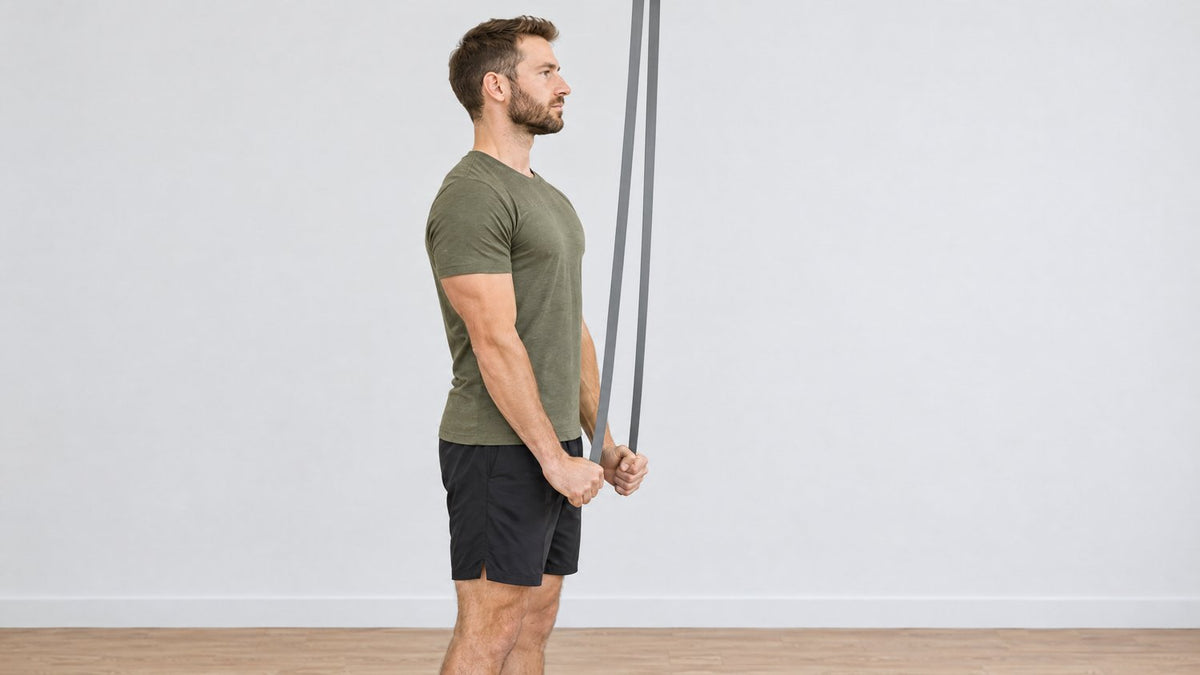 Man doing a tricep pushdown with a resistance band from above, elbows at his sides, arms fully straight (AI)