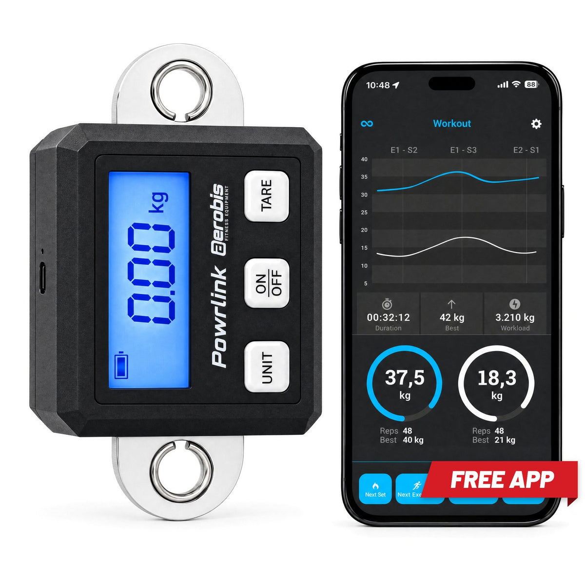 aerobis Powrlink 3 digital force sensor with blue backlit display showing 0.00 kg next to free companion workout app on smartphone with live performance graphs and FREE APP badge