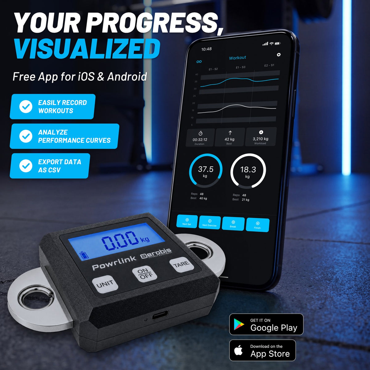 aerobis Powrlink 3 product card Your Progress Visualized with free iOS and Android app for recording workouts, analyzing performance curves, and exporting training data as CSV