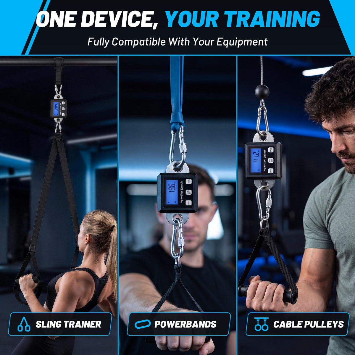aerobis Powrlink 3 versatile training sensor shown with sling trainers, powerbands, and cable pulleys for full workout equipment compatibility