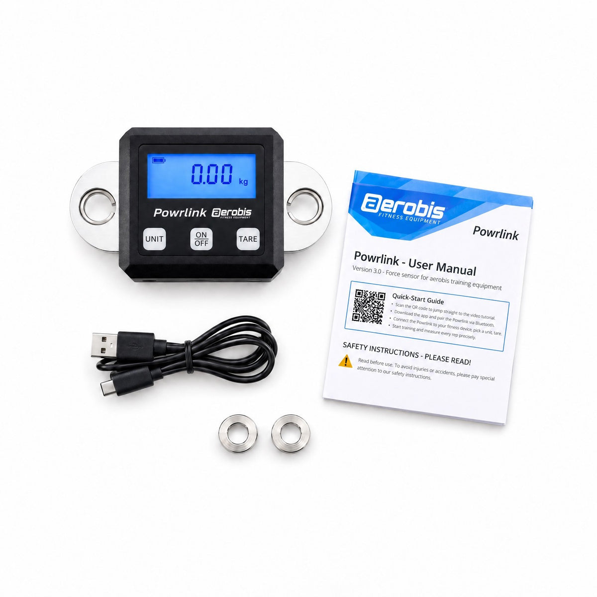 aerobis Powrlink 3 package contents on white background: sensor, USB-A to USB-C cable, two metal spacers, and Version 3.0 user manual