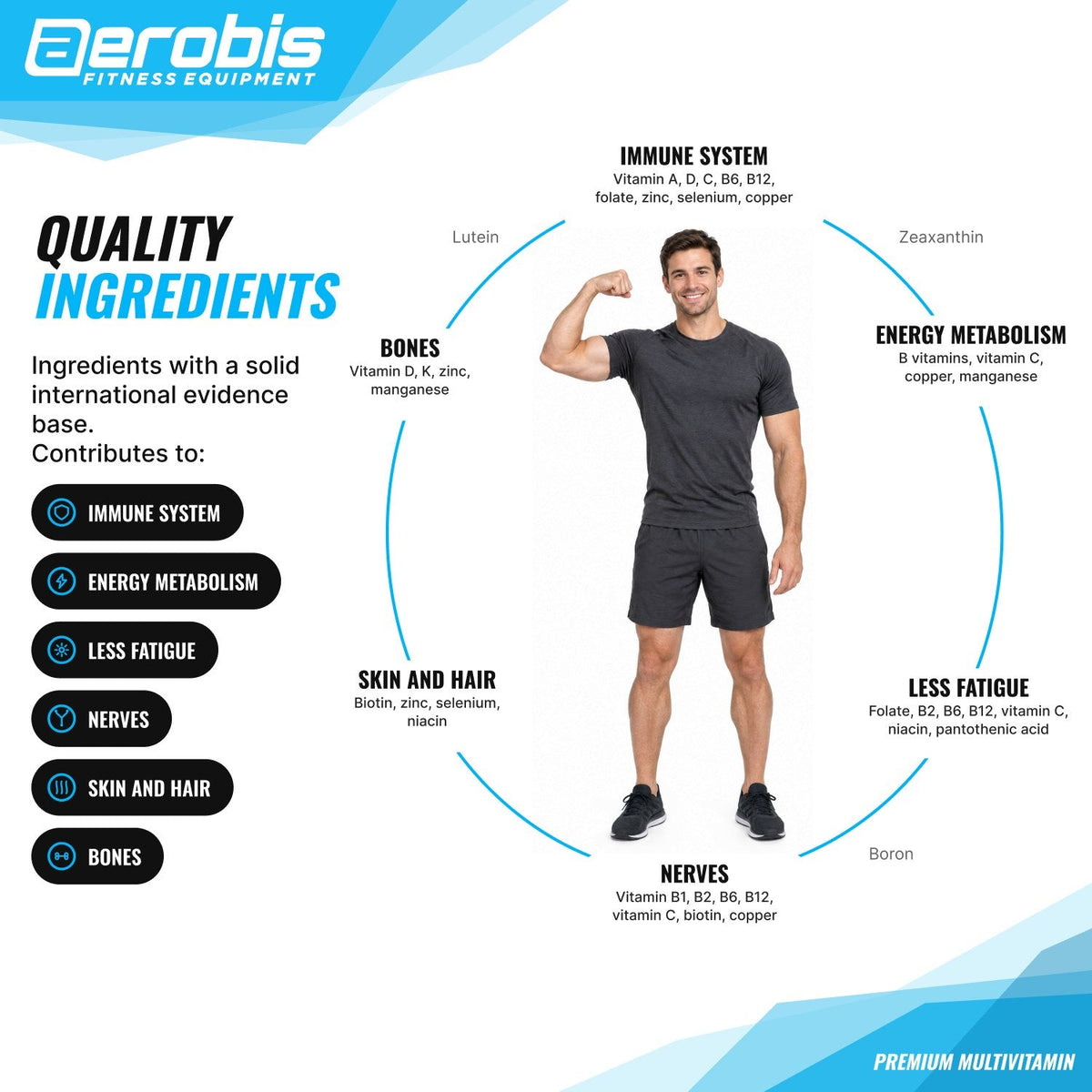 aerobis Multivitamin ingredients and what they contribute to: immune system, energy metabolism, less tiredness, nerves, skin and hair, bones (AI)