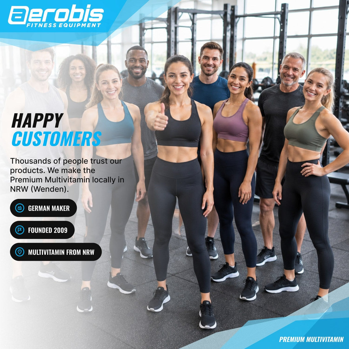 Happy aerobis customers: the Multivitamin is made locally in NRW, Germany, by a company founded in 2009 (AI)