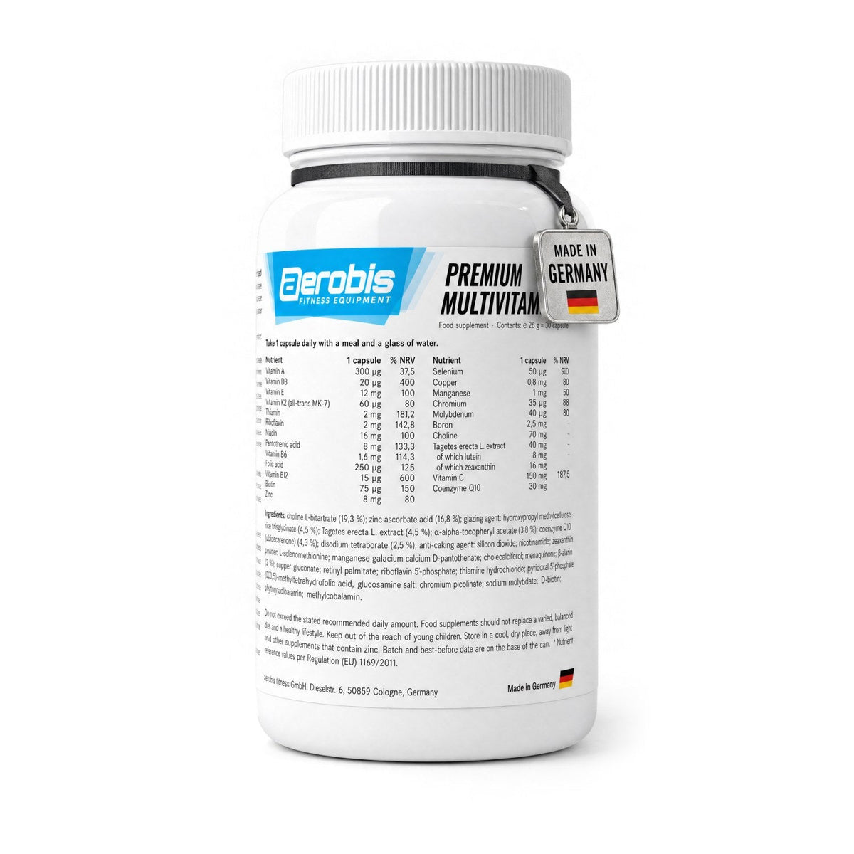 aerobis Multivitamin can with 30 vegan capsules and a Made in Germany tag (AI)