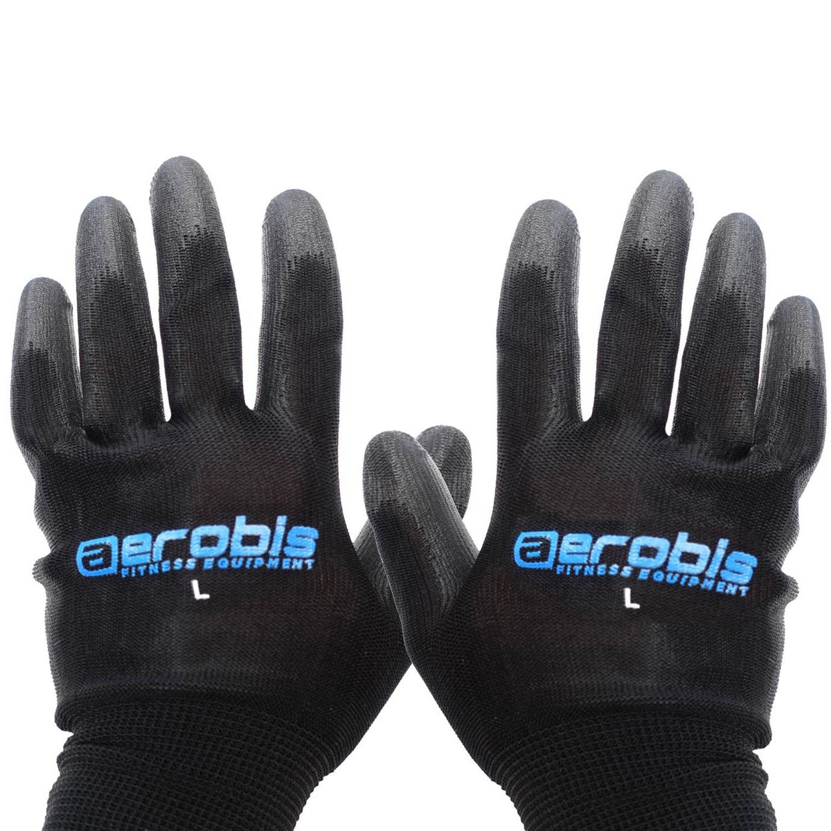 Paar schwarze aerobis Fitness-Trainingshandschuhe mit blauem Logo-Aufdruck, Ansicht von oben