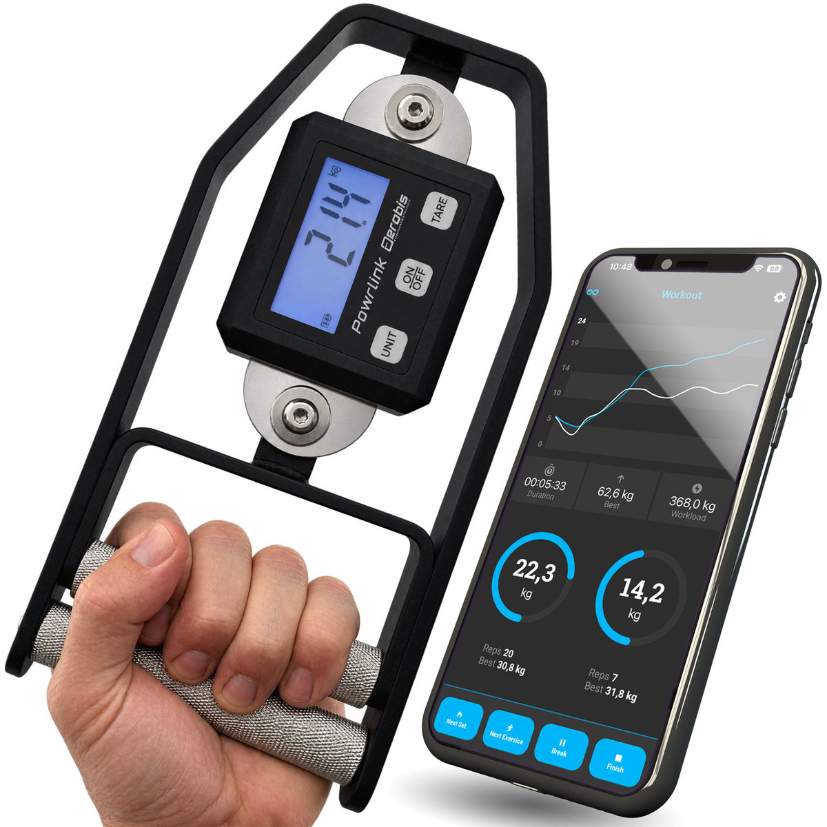 aerobis Powrlink Grip Strength Set - Digital grip strength meter with clear display and live results in the free app (AI)