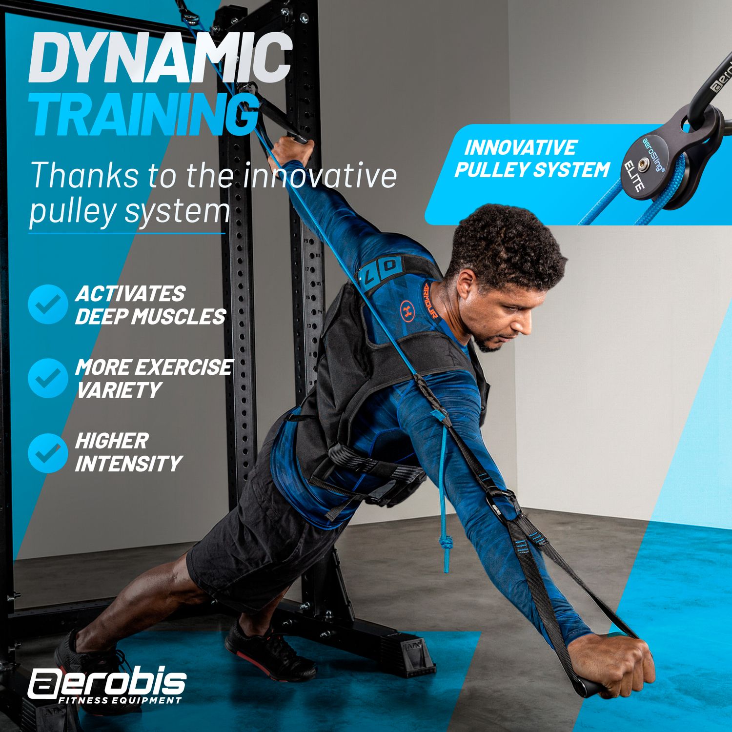 aeroSling ELITE Dynamic Training banner with a male athlete in a weight vest training on a rack, highlighting the innovative pulley system that activates deep muscles, more exercise variety and higher intensity