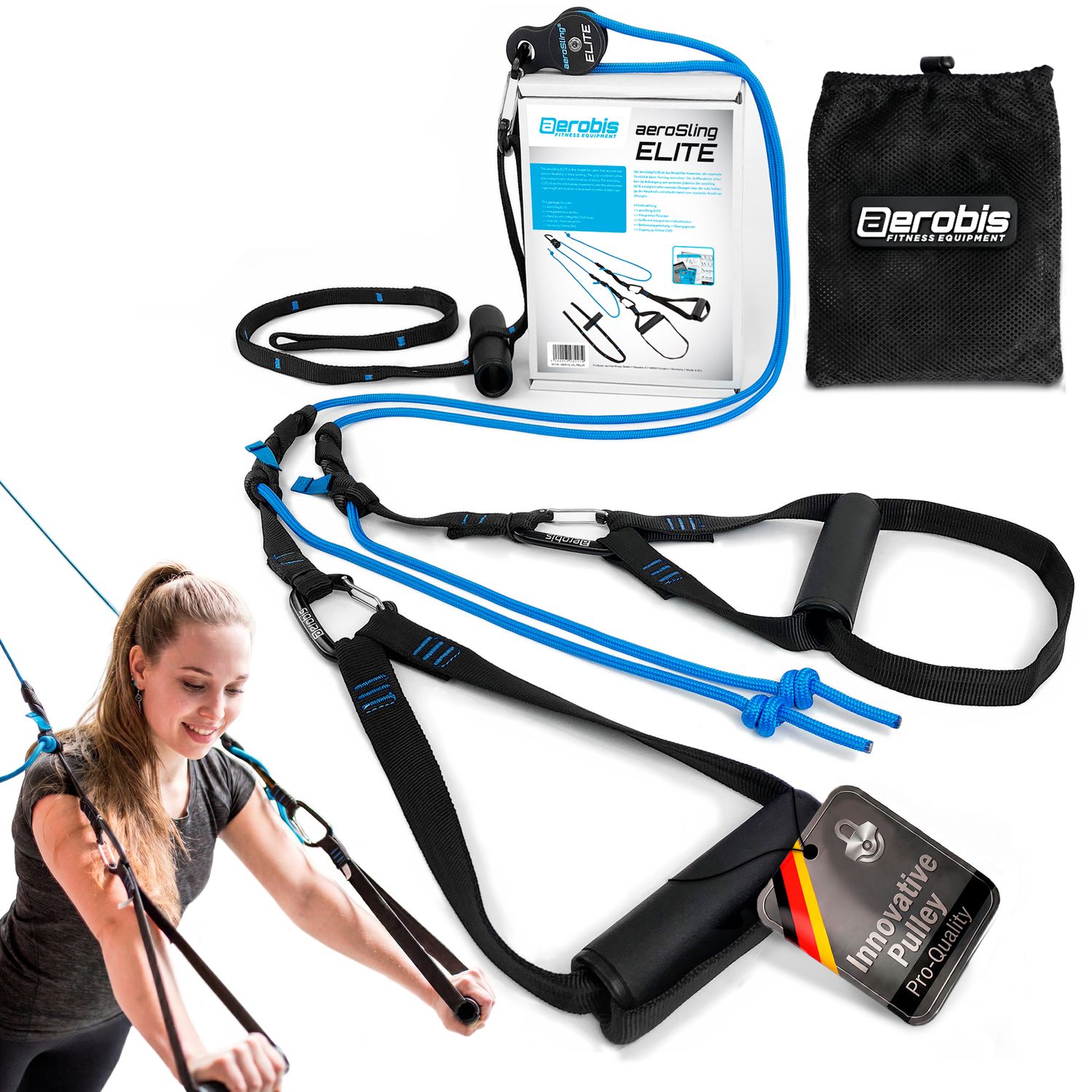aerobis aeroSling ELITE Slingtrainer complete set with blue and black deflection-pulley rope, fiberglass handles, packaging, mesh storage bag and a female athlete training, with Innovative Pulley pro-quality tag
