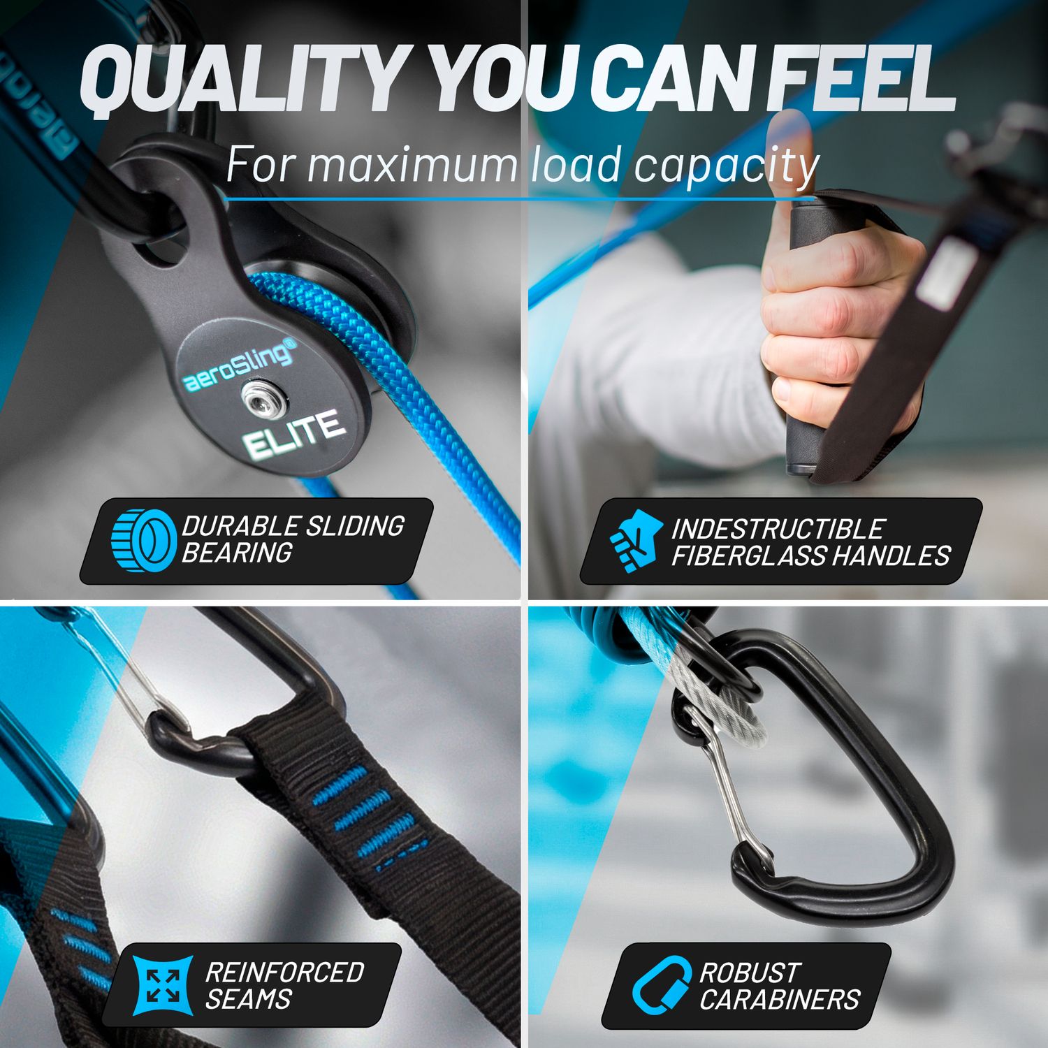 aeroSling ELITE Quality You Can Feel Banner mit vier Nahaufnahmen, die das langlebige Gleitlager, die unverwüstlichen Fiberglasgriffe, verstärkte Nähte und robuste Karabiner für maximale Belastbarkeit zeigen