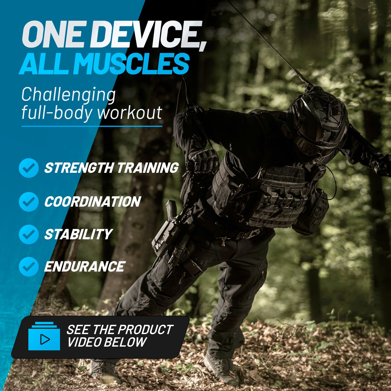 森の中で屋外トレーニングをするオールブラックの戦術装備の兵士の aeroSling Tactical One Device All Muscles バナー。筋力トレーニング、協調性、安定性、持久力を強調
