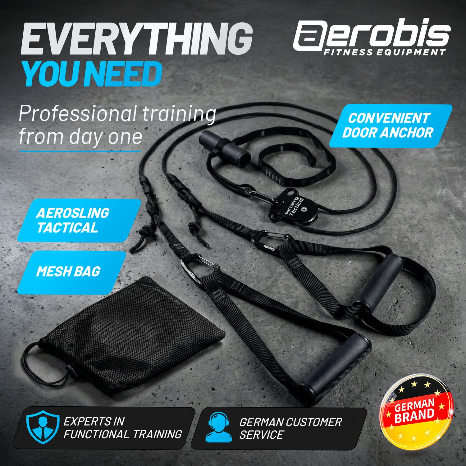 ドアアンカーとメッシュバッグ付きのオールブラック・コンプリートセットを示す aeroSling Tactical Everything You Need バナー。機能的トレーニングの専門性を持つドイツブランドとして表示