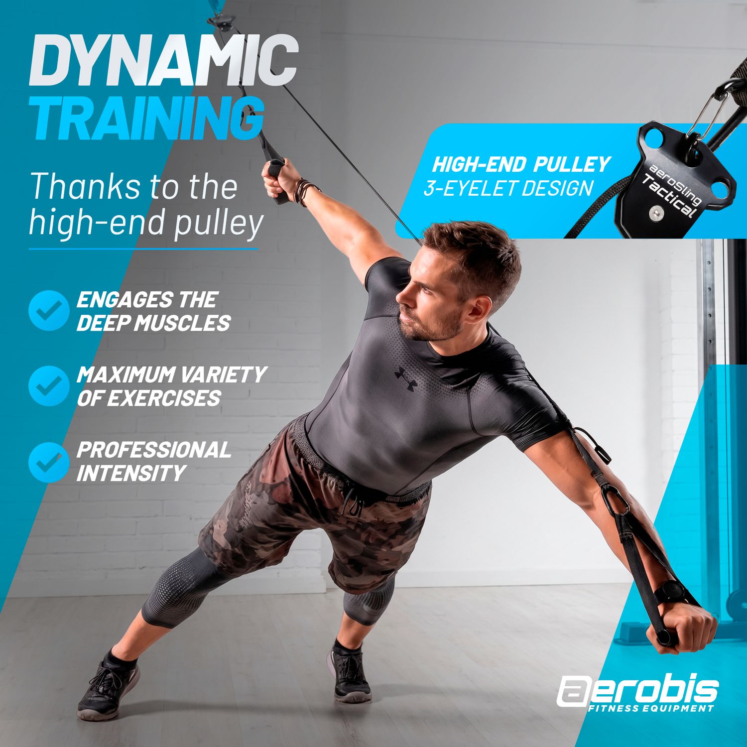 aeroSling Tactical Dynamic Training banner with a male athlete training, highlighting the high-end 3-eyelet pulley that engages deep muscles, maximum exercise variety and professional intensity