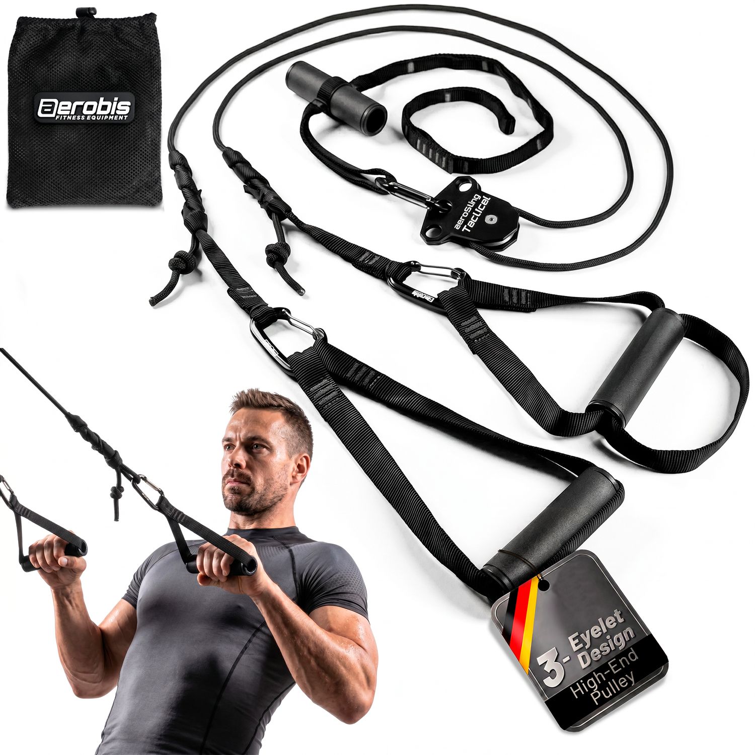 aerobis aeroSling Tactical full-black Slingtrainer complete set with deflection pulley, carabiners, handles, mesh storage bag and a male athlete training, with 3-Eyelet Design high-end pulley tag