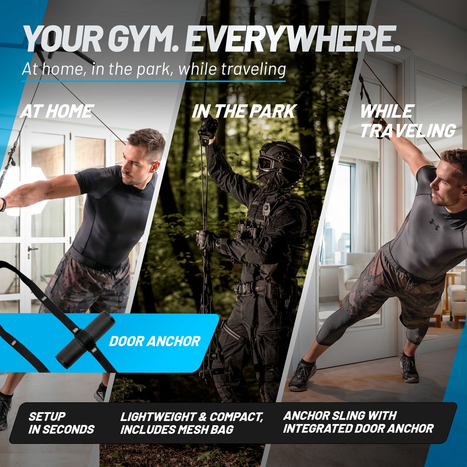 自宅、公園、旅行中のトレーニングを示す aeroSling Tactical Your Gym Everywhere バナー。統合ドアアンカー、メッシュバッグ付きの軽量コンパクト設計、素早いセットアップを強調