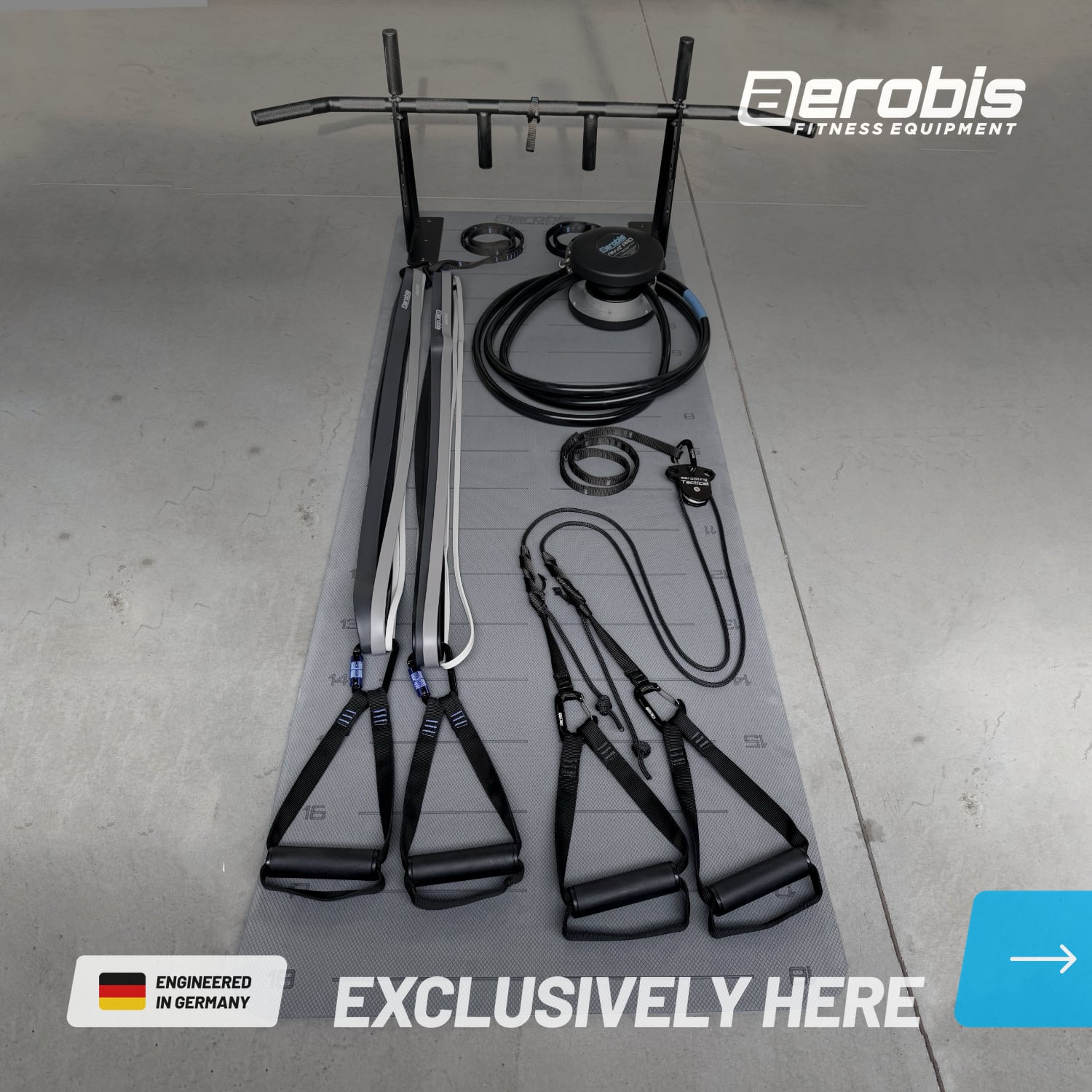 Our most exclusive Bundle: revvll PRO Ropetrainer, Powerband Trainer, aeroSling Tactical Slingtrainer, Wall or Ceiling Pullup-Bar and Fitness Mat