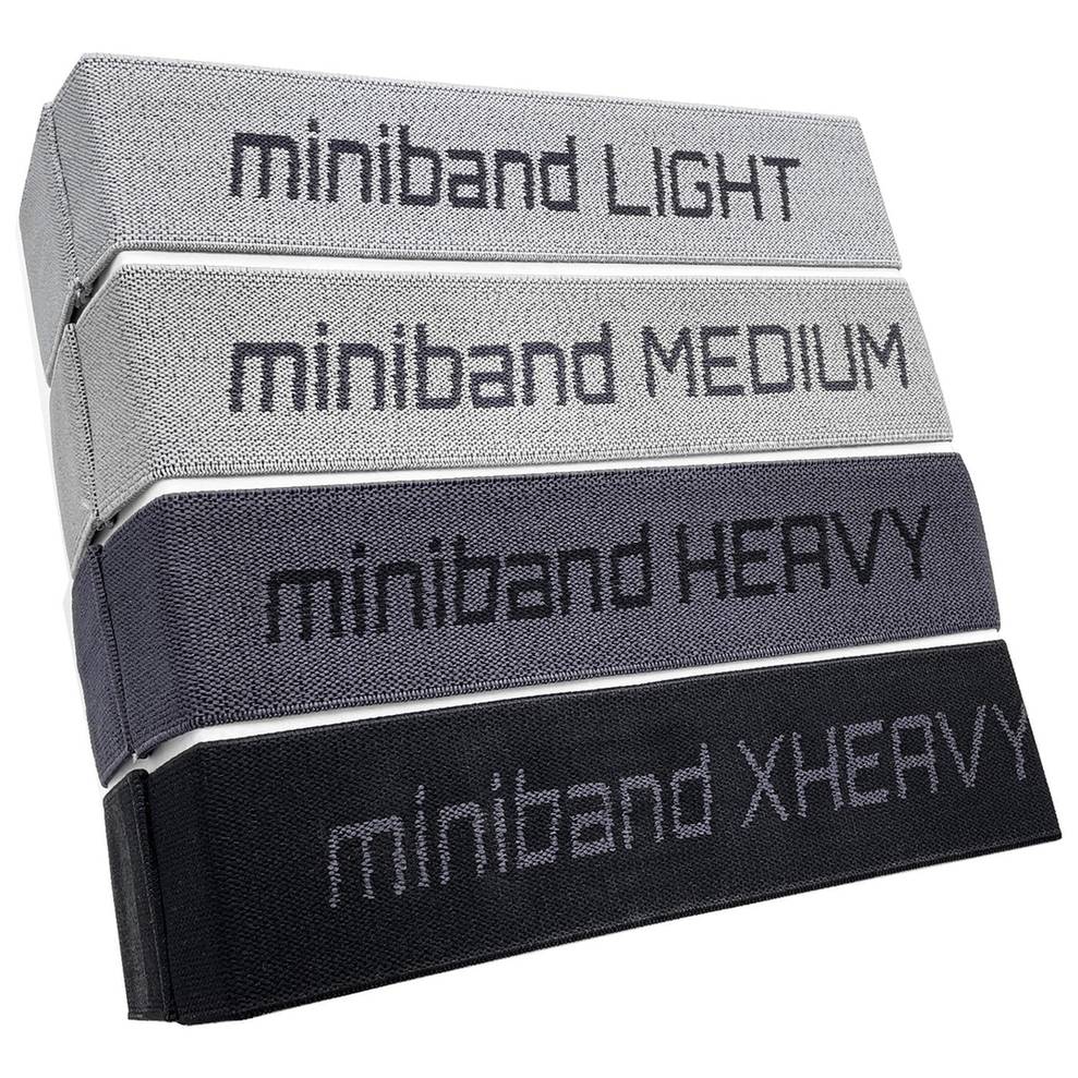 aerobis Miniband Set with four resistance levels: LIGHT, MEDIUM, HEAVY, XHEAVY woven polyester bands