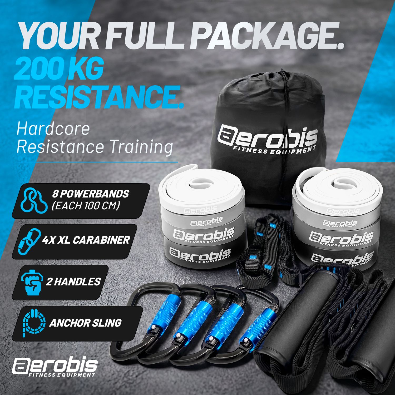 aerobis Powerband Trainer 2.0 Your Full Package banner with 200 kg resistance, showing 8 powerbands each 100 cm, 4 XL carabiners, 2 handles, anchor sling and mesh bag