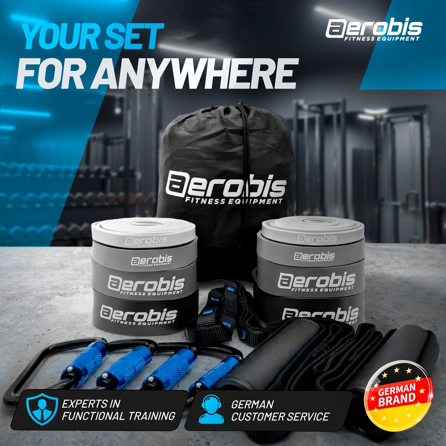 aerobis Powerband Trainer 2.0 Your Set for Anywhere Banner zeigt Powerbands, Mesh-Beutel, Griffe, Karabiner und Ankerschlinge, gekennzeichnet als deutsche Marke mit Expertise im funktionellen Training