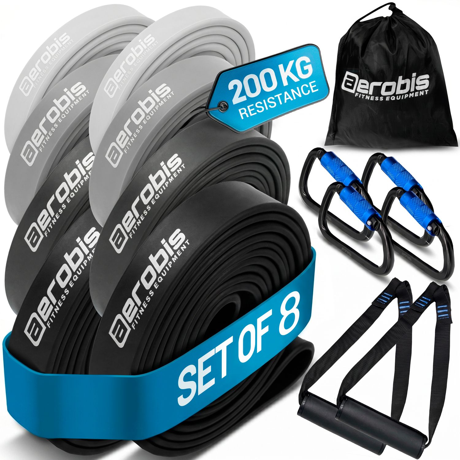 aerobis Powerband Trainer 2.0 Set of 8 with eight stacked white, grey and black powerbands, 200 kg resistance tag, mesh bag, four XL carabiners with blue accents and two handles