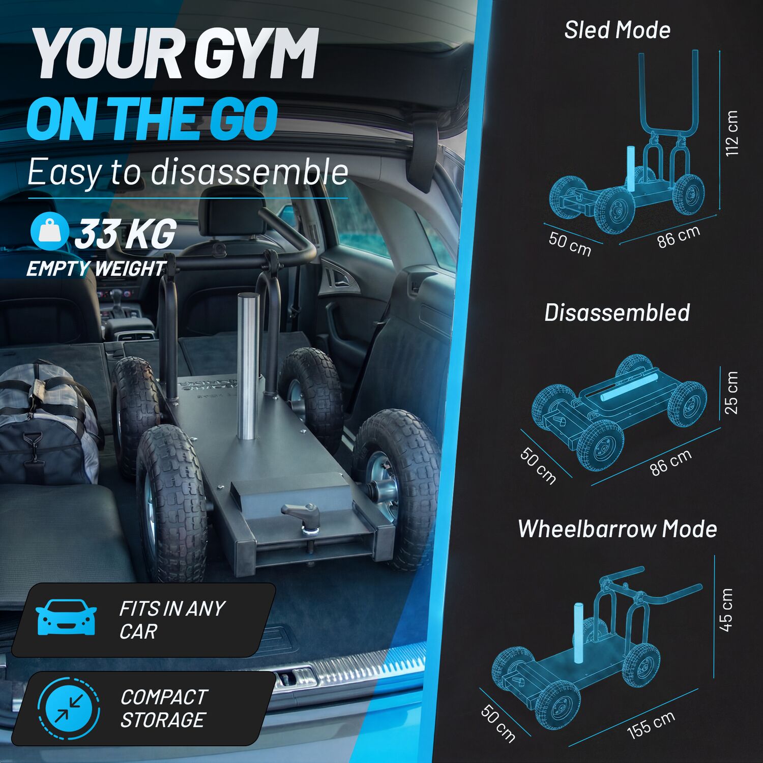 aerobis Pain Train Your Gym on the Go banner showing the 33 kg sled packed in a car boot with dimension diagrams for sled mode, disassembled and wheelbarrow mode, highlighting compact storage that fits in any car