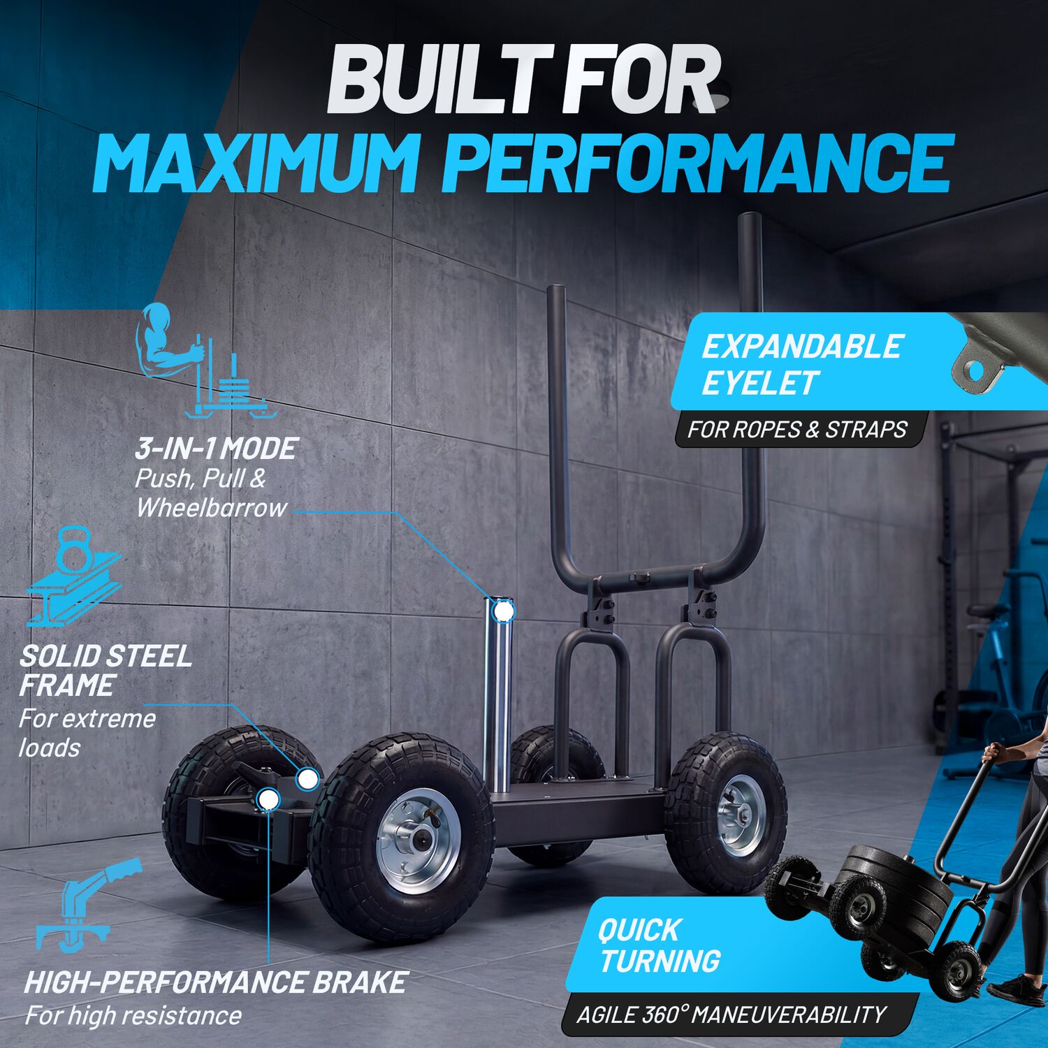 aerobis Pain Train Built for Maximum Performance banner highlighting 3-in-1 push, pull and wheelbarrow mode, expandable eyelet for ropes and straps, solid steel frame, high-performance brake and agile 360 degree turning