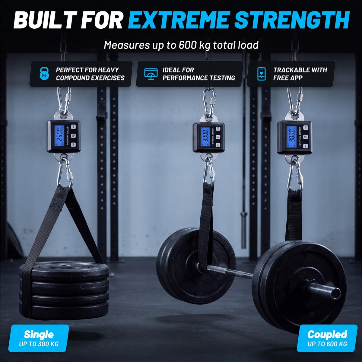 aerobis Powrlink 3 product card Built for Extreme Strength demonstrating single-device up to 300 kg and coupled dual-device up to 600 kg load measurement for heavy compound exercises and performance testing (AI)
