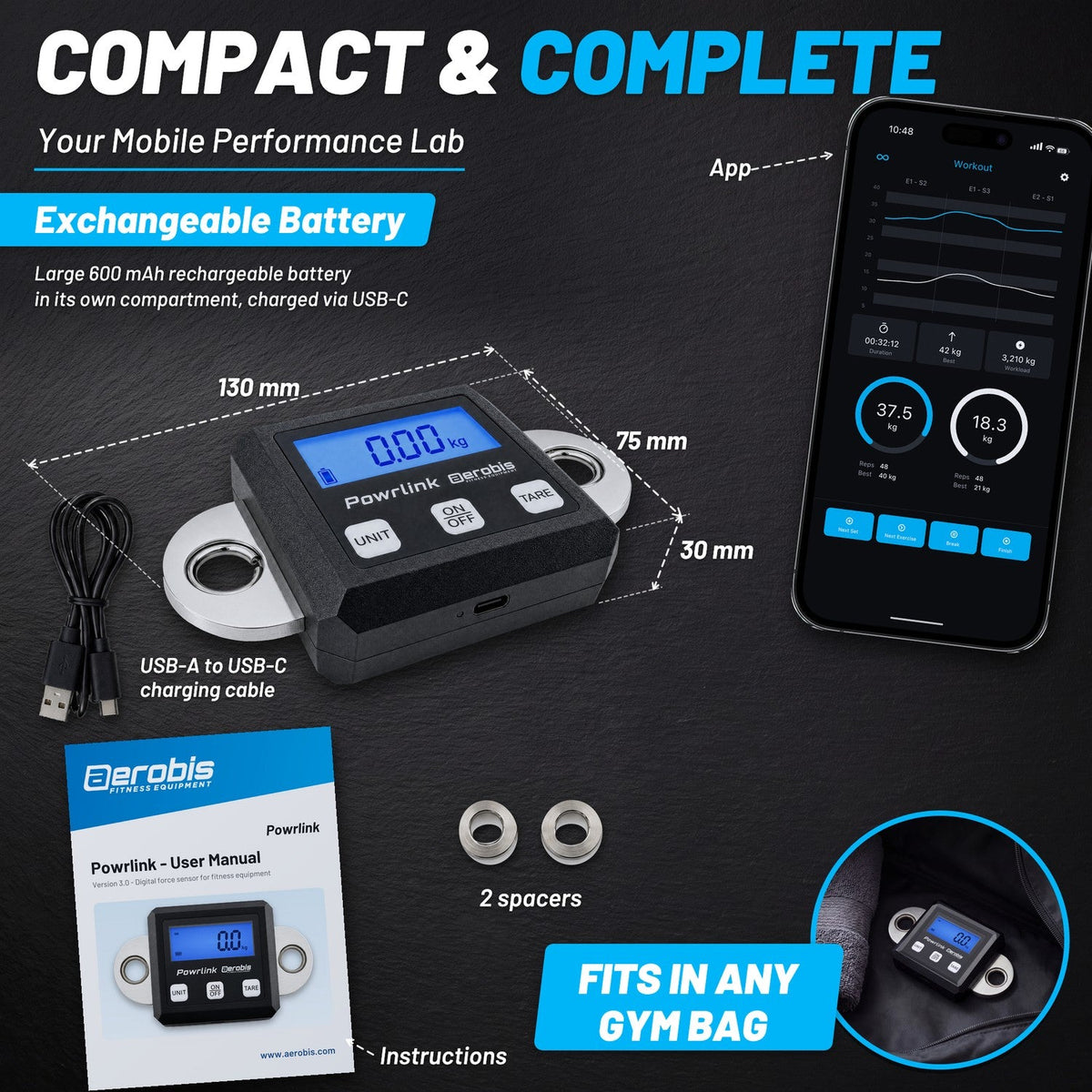 aerobis Powrlink 3 compact 130 x 75 x 30 mm performance sensor with exchangeable 600 mAh USB-C battery, USB cable, metal spacers, Version 3.0 user manual, and free companion app that fits in any gym bag (AI)