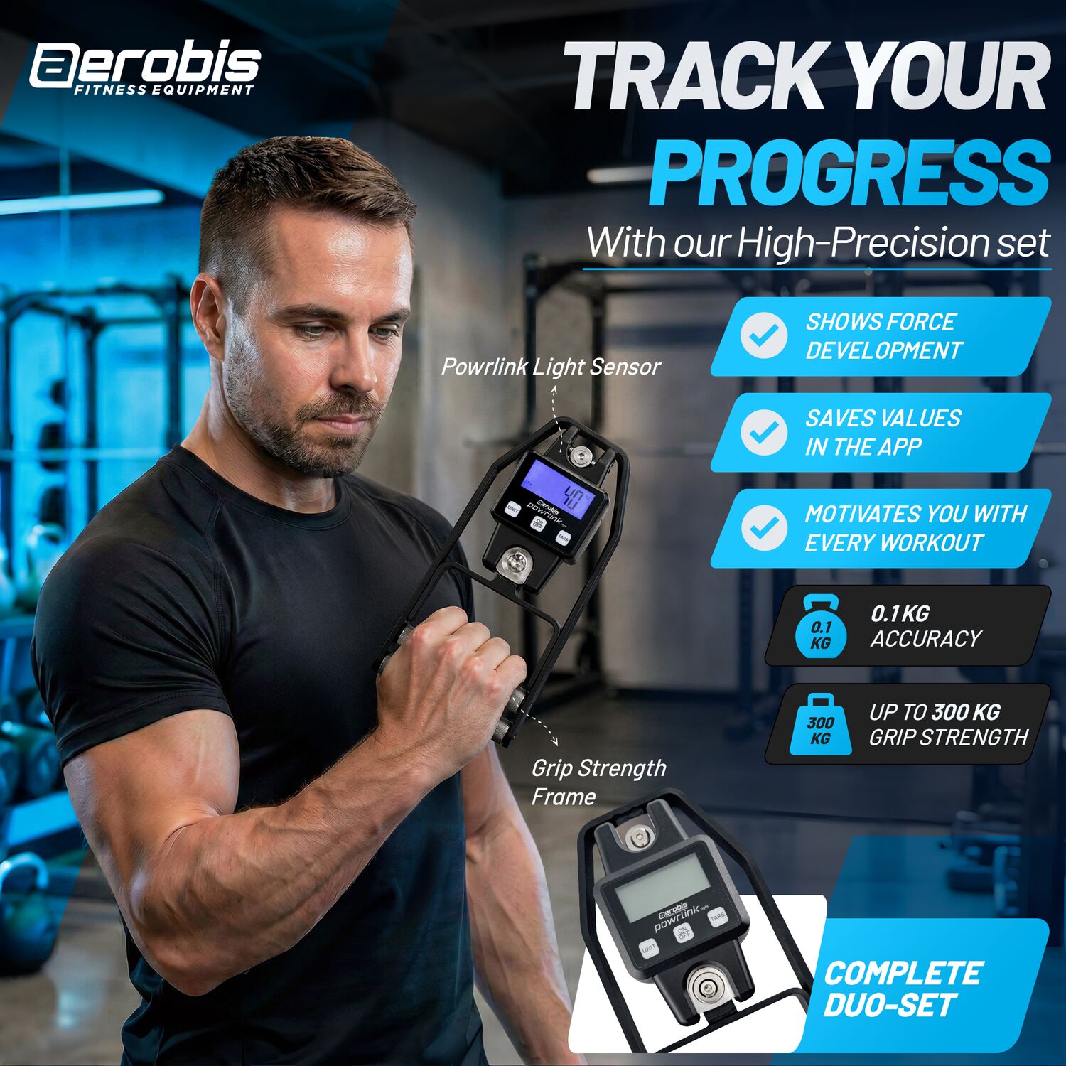 aerobis Powrlink Grip Strength Set - Track you progress with high accuracy for 0.1kg and up to 300kg grip strength. Shows strength development live in app.
