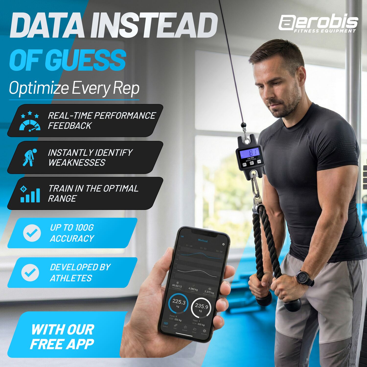 aerobis Powrlink performance tracker showing real-time feedback, helps you find weak spots in your body, and 100g accuracy with free companion app for data-driven strength training