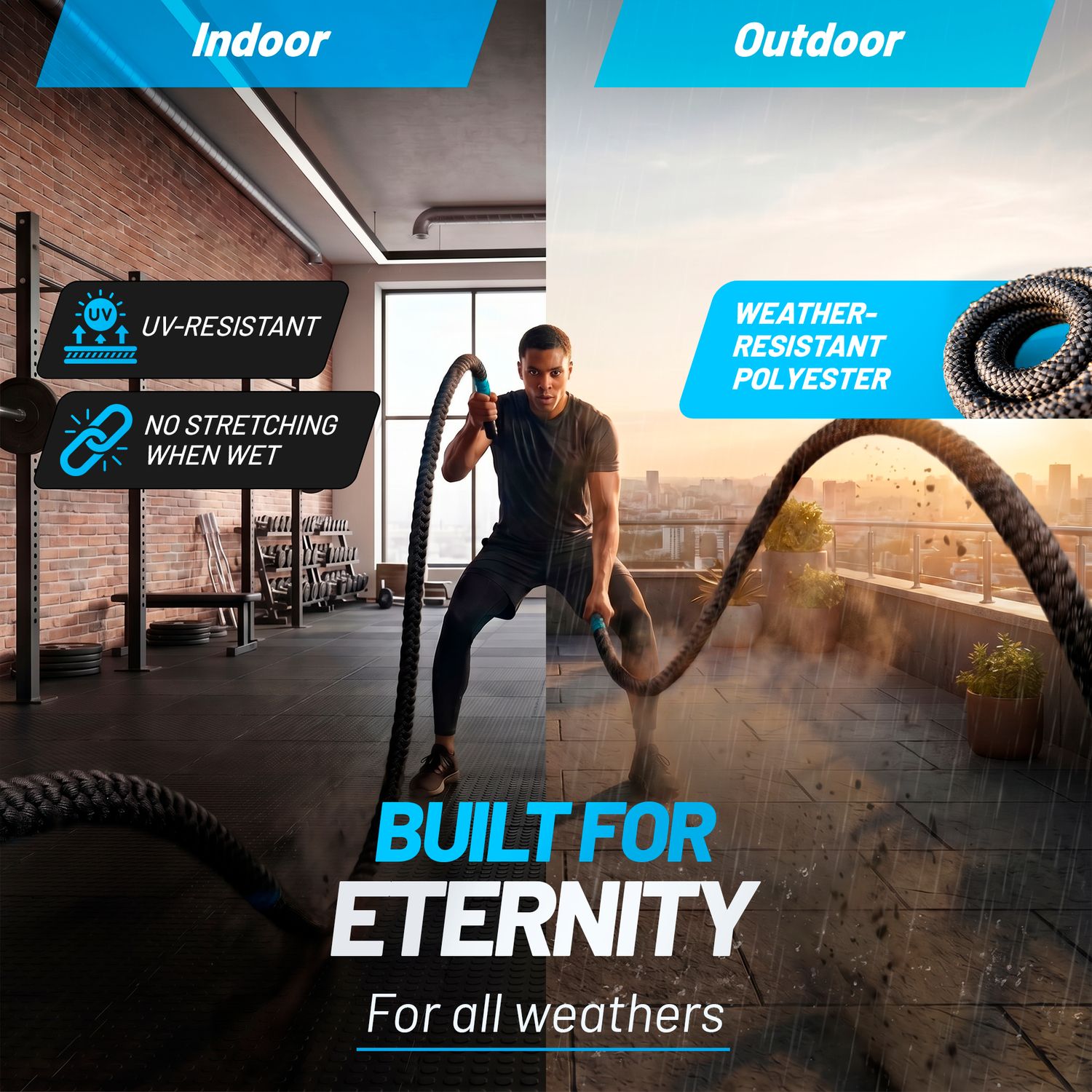 aerobis Battle Rope Built for Eternity banner showing indoor and outdoor rope-wave training, highlighting UV-resistant, weatherproof polyester that does not stretch when wet